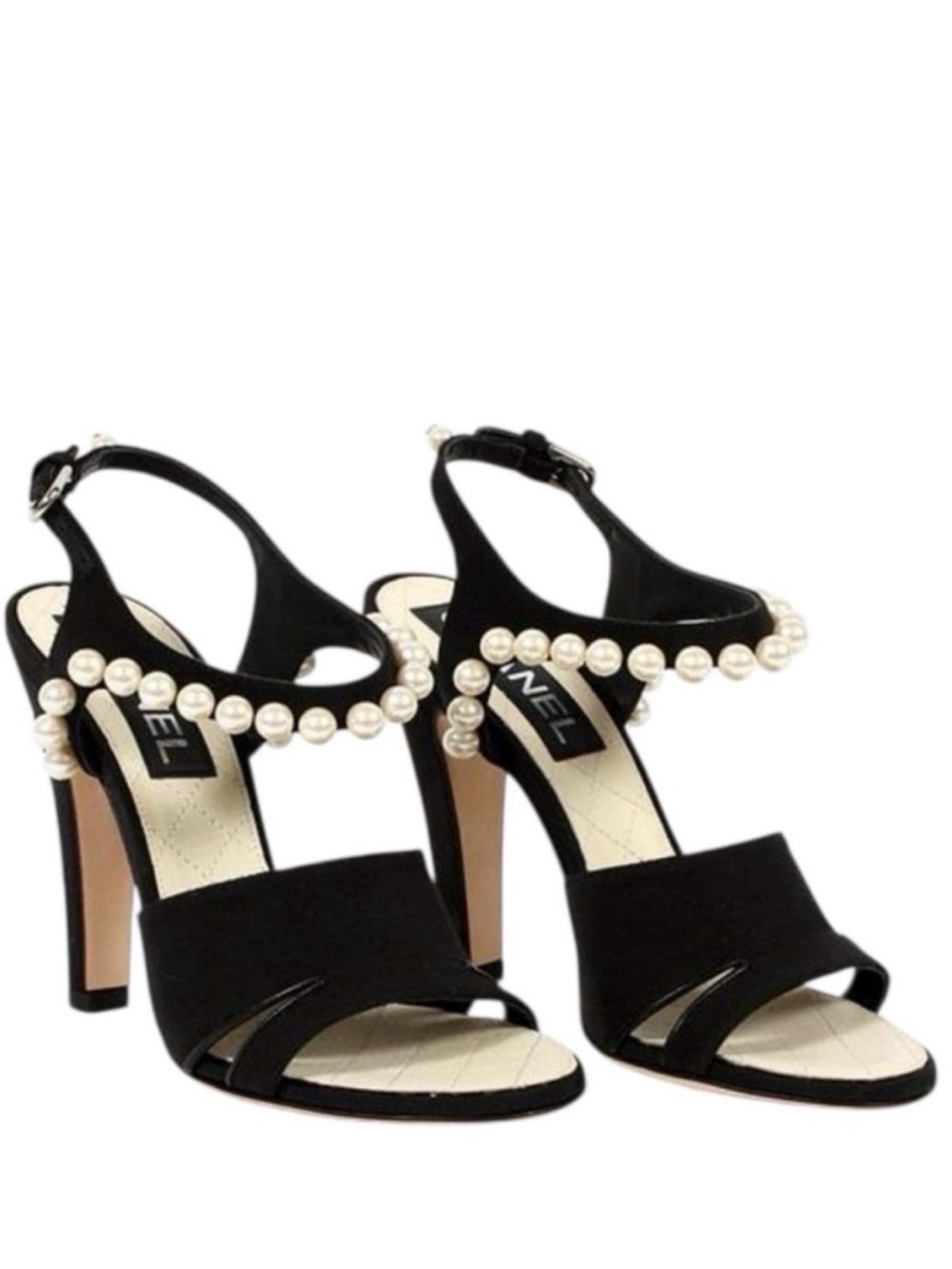 CHANEL Black Suede Faux Pearl Slingback Heeled CC 2014 Runway Sandals 37.5